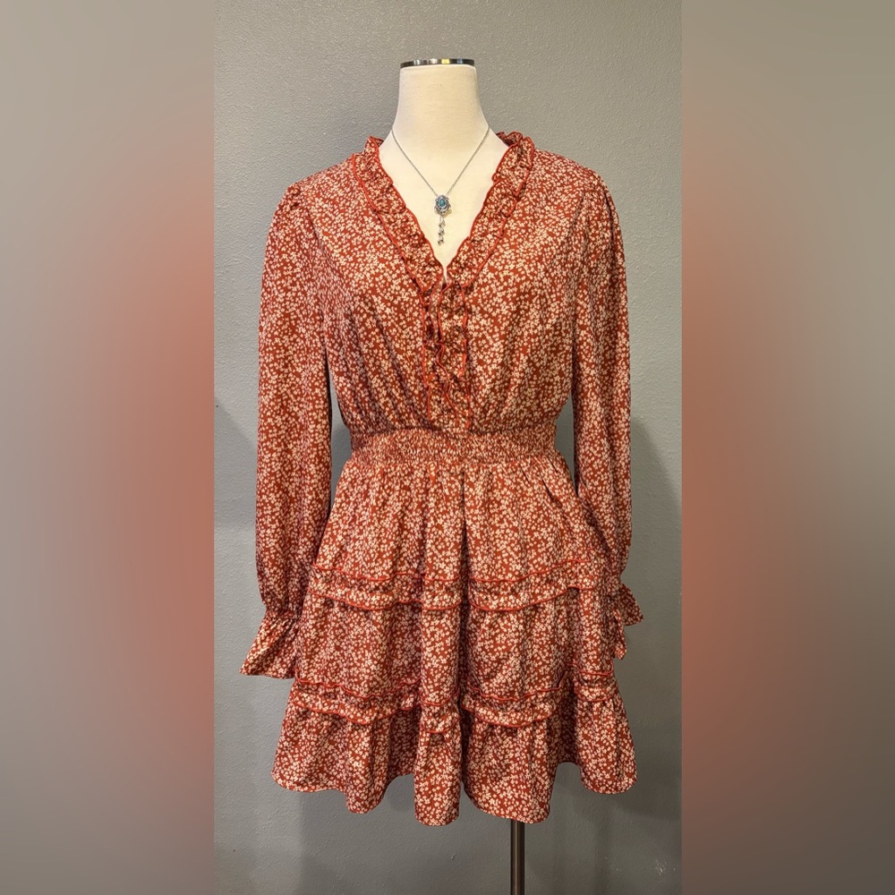 Love Riche Rust Floral Long Sleeve Dress
